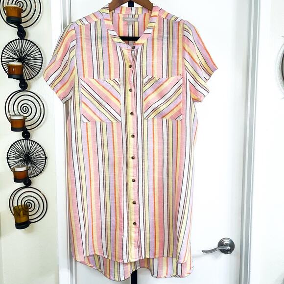 Woman Within Linen Blend Button Up Tunic Top - Pink Yellow Stripe, Size 14 / 16 - Picture 2 of 8
